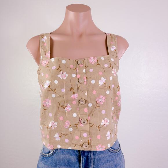 BP Sophie Floral Square Neck Linen Smocked Crop Tank Top Beige Tan Size 1X NWT - Picture 2 of 9